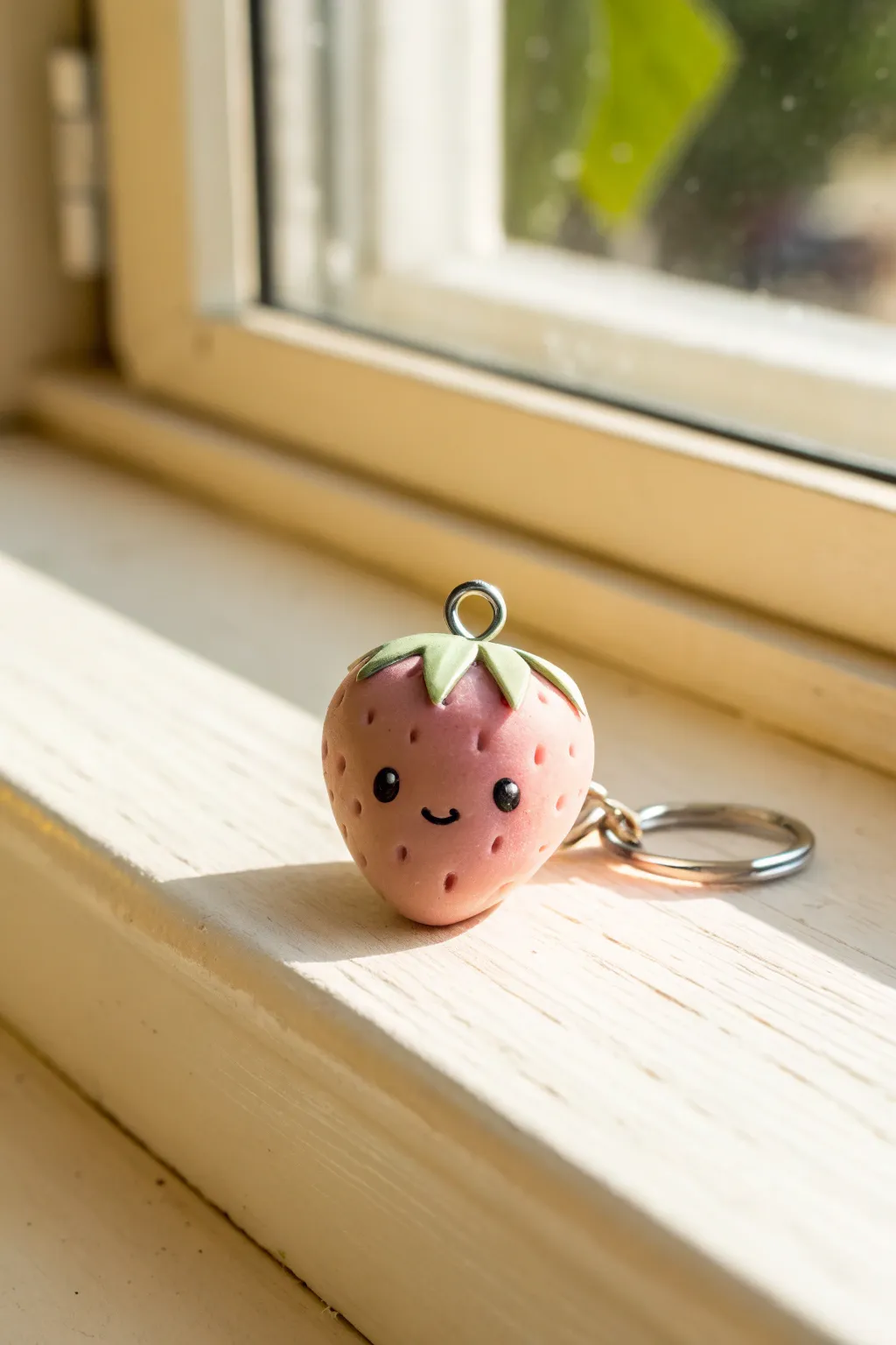 Pastel strawberry clay charm with a tiny face, minimalist and sweet for cute aesthetic ideas.