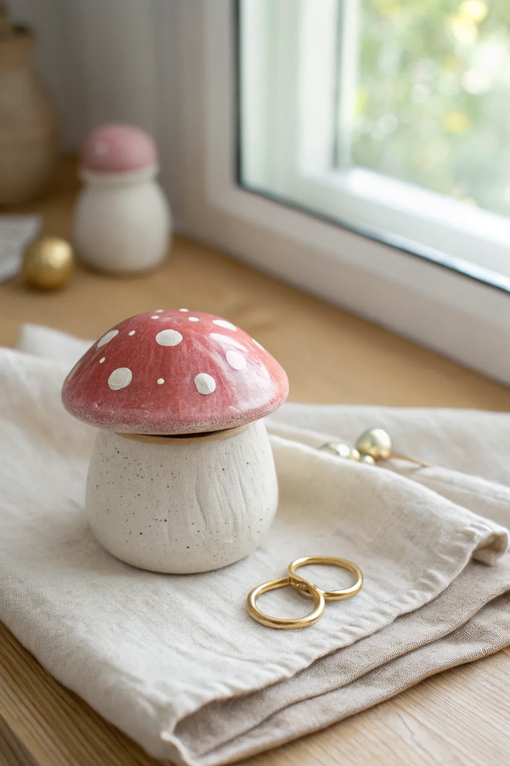 Sweet mushroom trinket jar with a pop of pink, perfect for rings and tiny treasures.