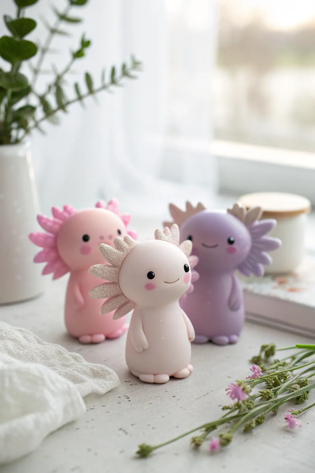 Mini clay axolotl friends in blush and lavender, lined up on a bright minimalist backdrop