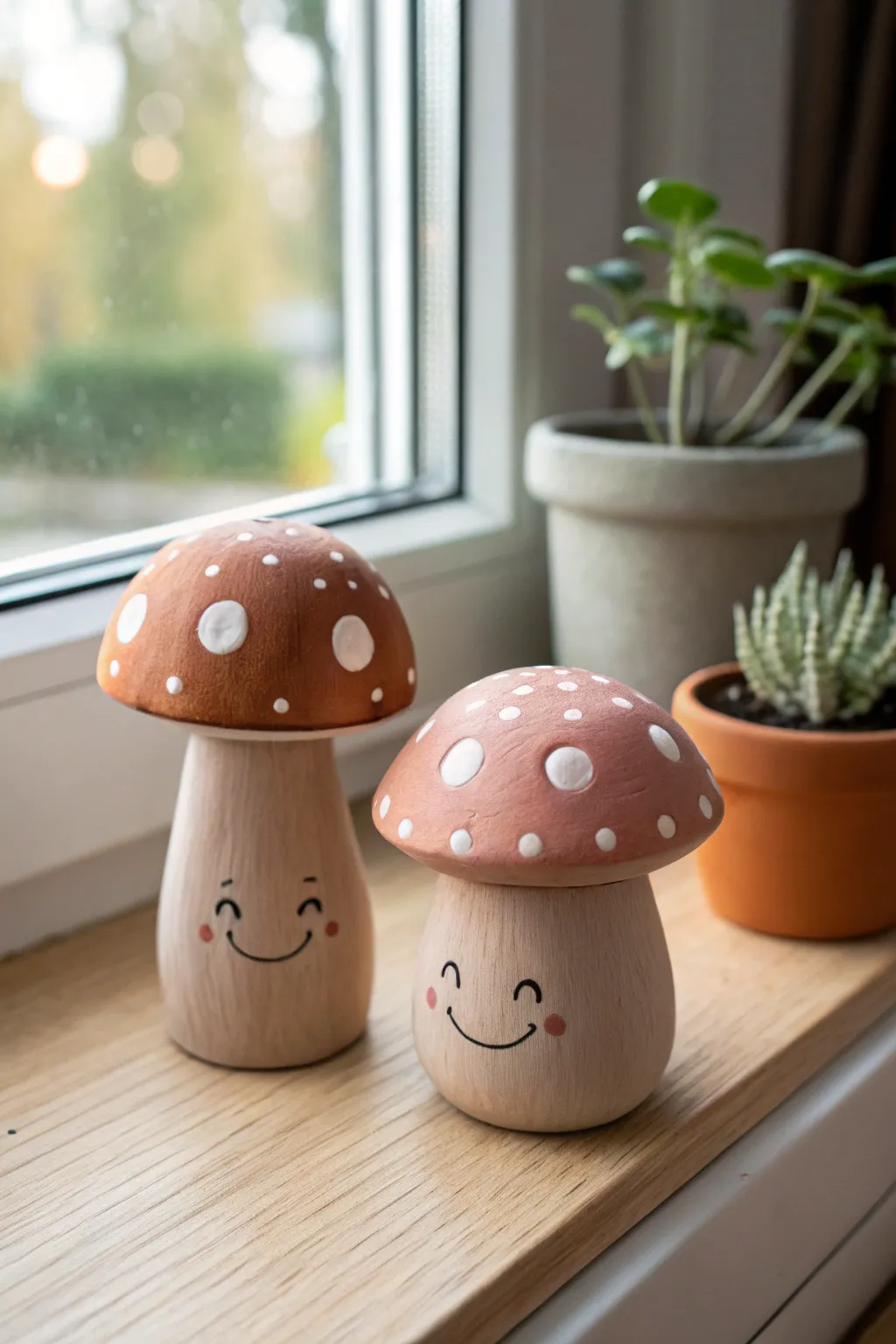 Smiling clay mushroom buddies with rosy cheeks, cozy on a bright windowsill for sweet shelf decor.