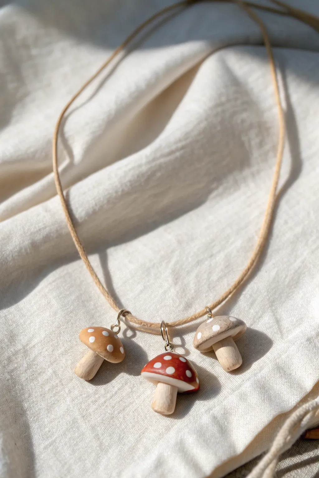Handmade mushroom charm necklace in cozy clay tones, minimal Scandinavian styling, boho touch