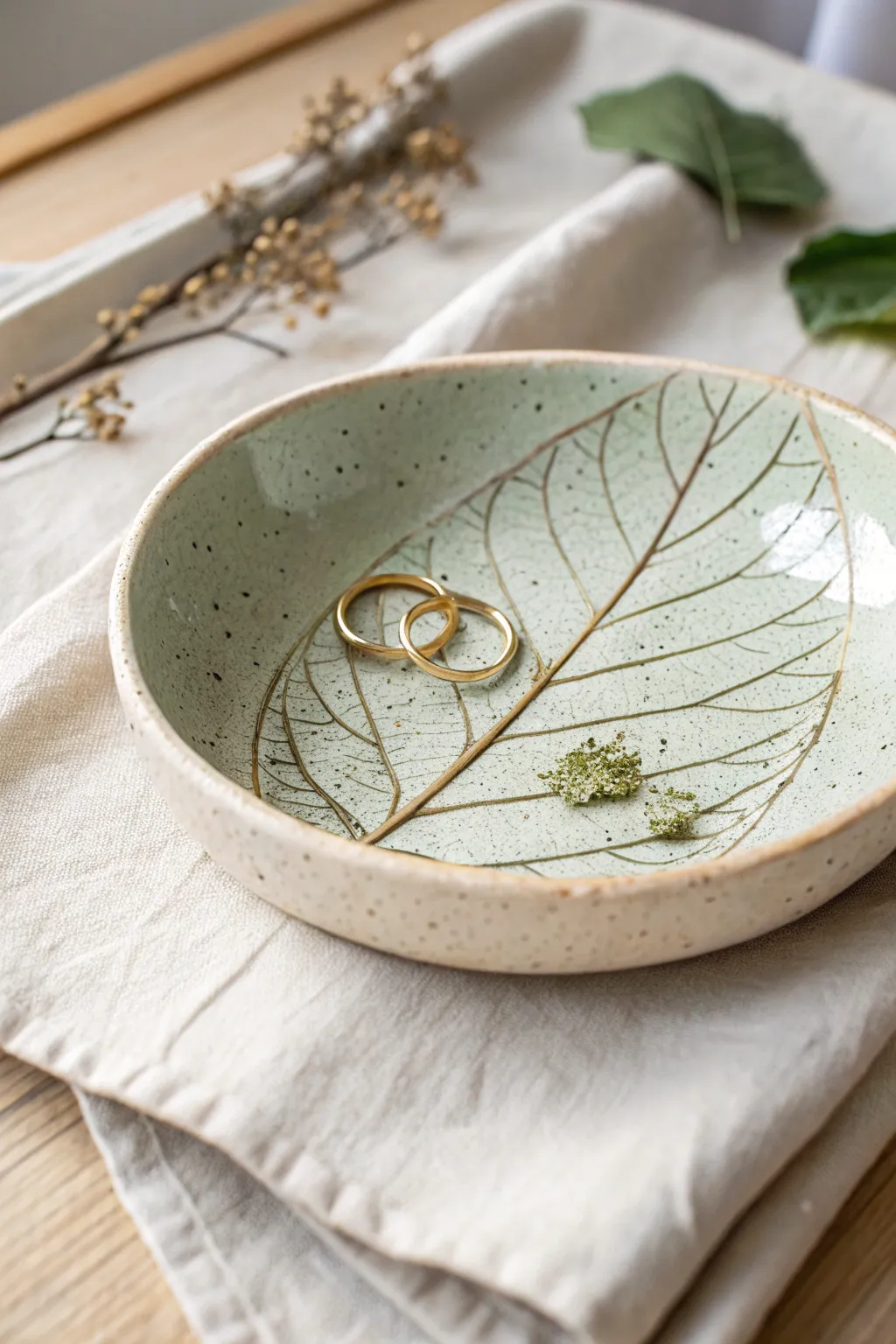 Pressed-leaf oval dish with a soft sage wash, perfect for keeping rings and a bracelet in one spot.