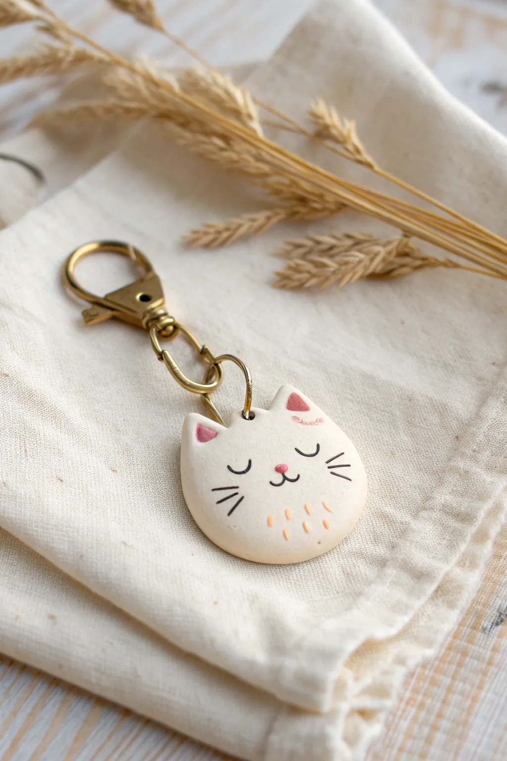 Chubby cat face charm keychain in soft neutrals, simple details, and a cozy handmade feel