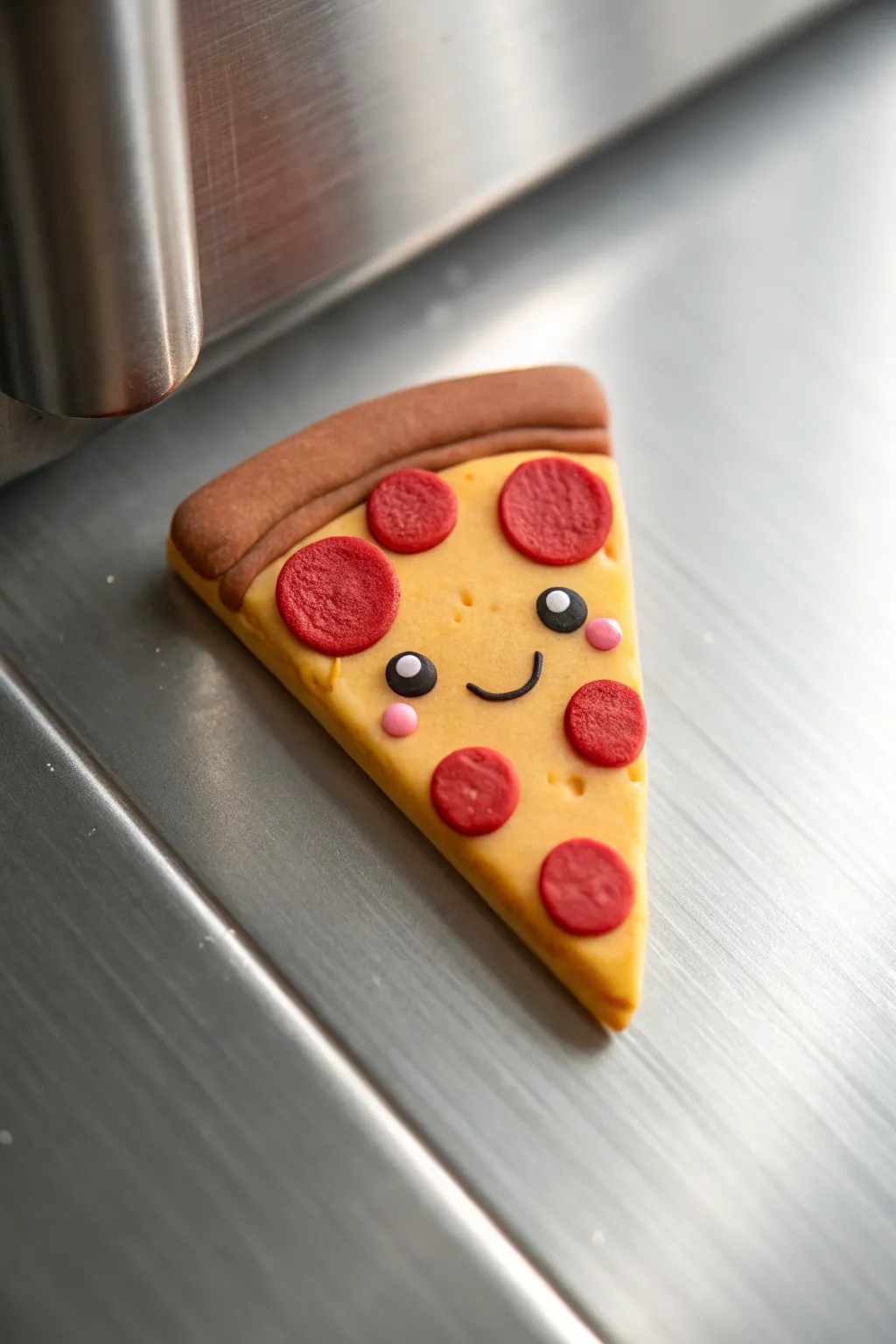 Blushing pizza slice clay magnet adds playful charm to a minimalist fridge display.