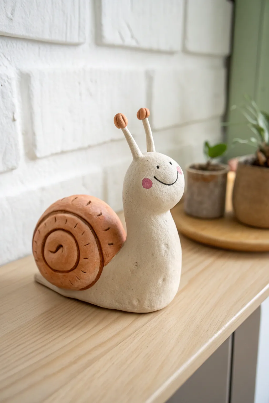 Cute snail-shell clay monster with antennae, minimalist boho styling and soft natural light.