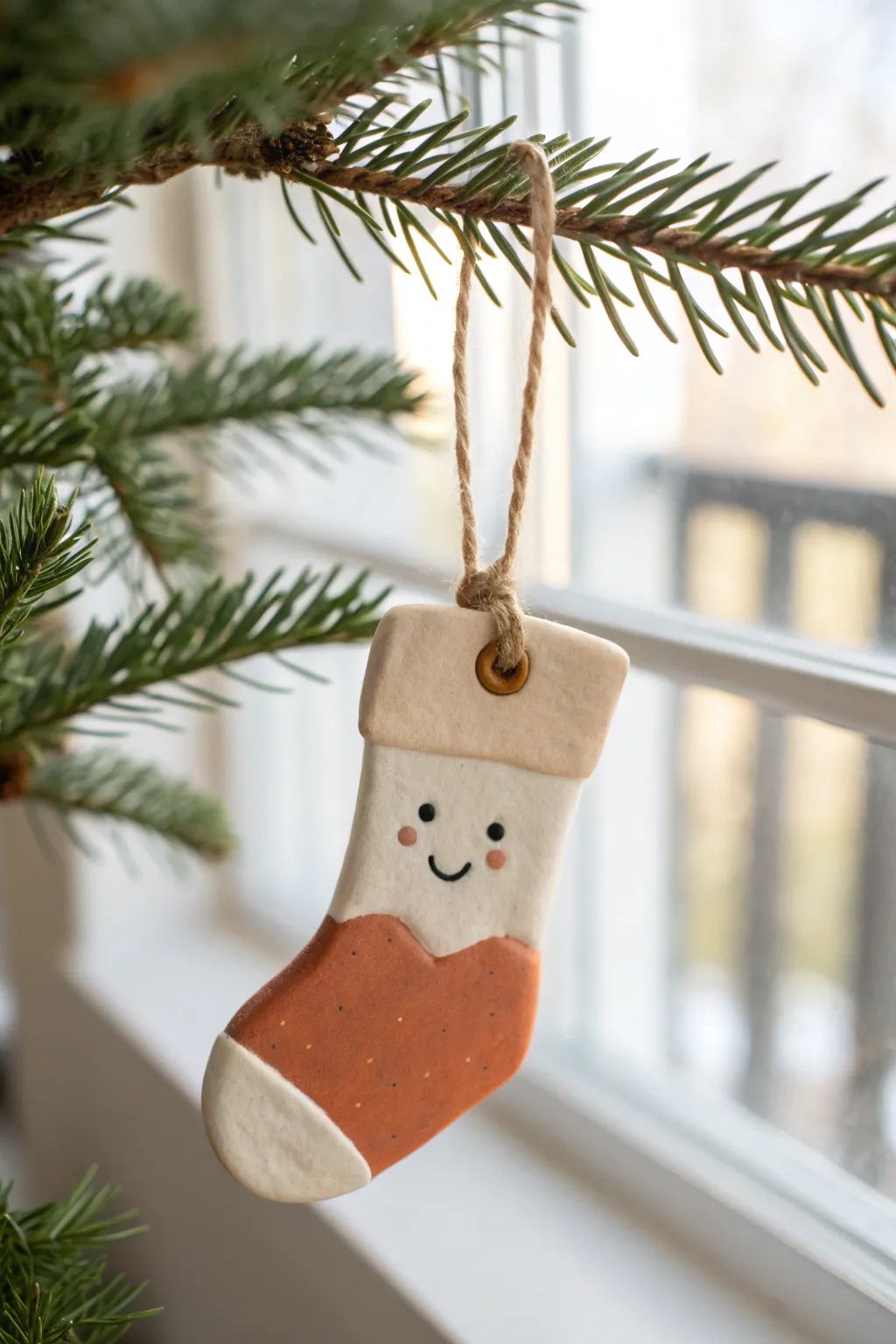 Sweet smiley clay stocking ornament with simple color blocks, perfect for a cozy minimalist tree.