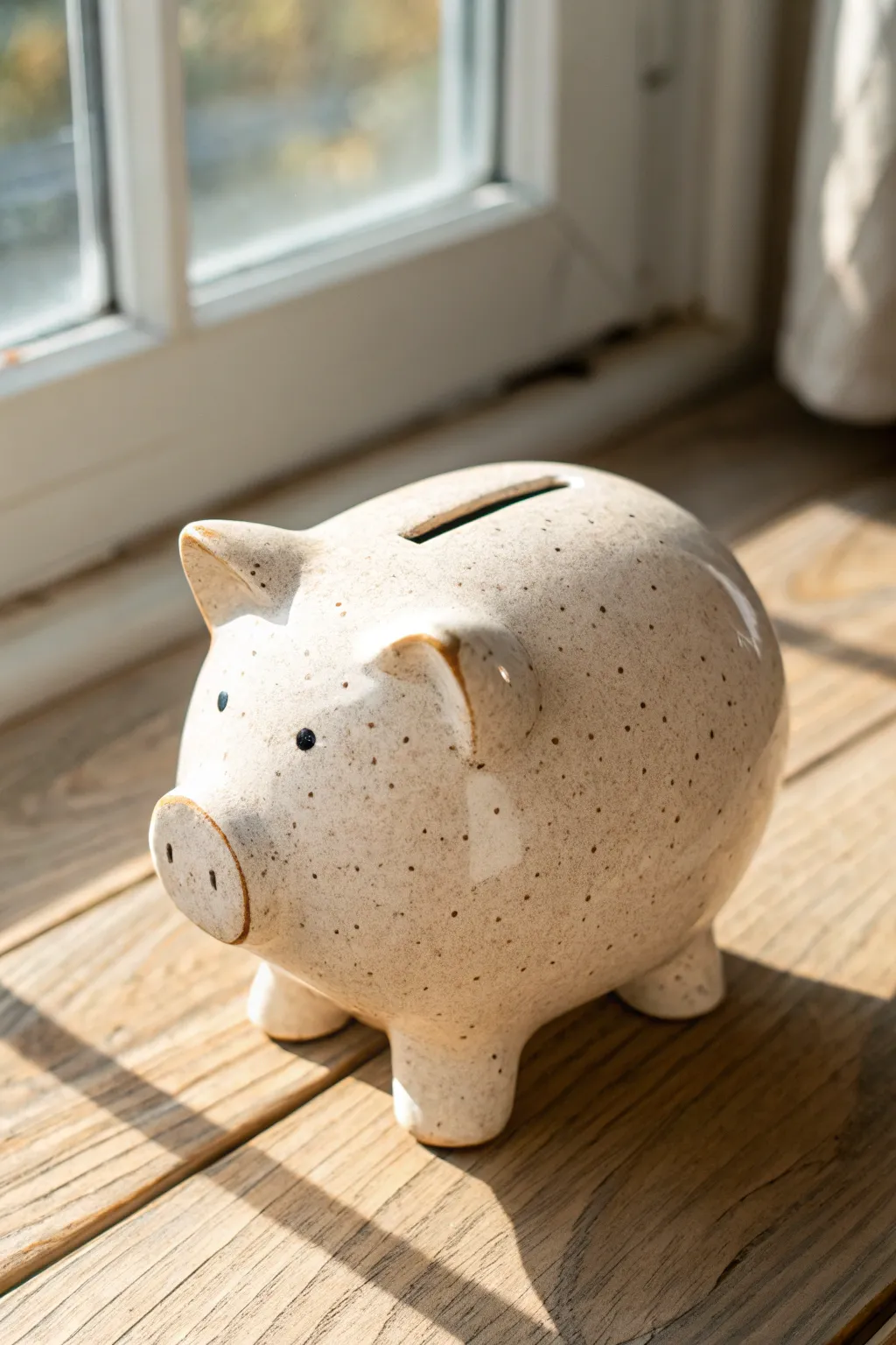 Low-angle piggy bank with tiny hooves and a round belly, minimalist boho vibes and sweet charm.
