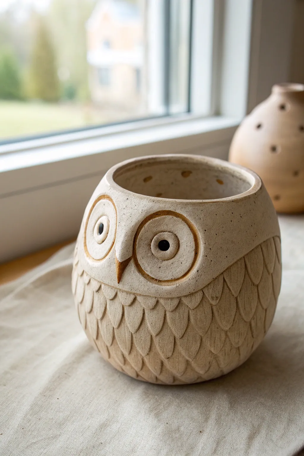 Adorable baby owl pinch pot with feather texture in warm speckled clay, minimalist Scandinavian style