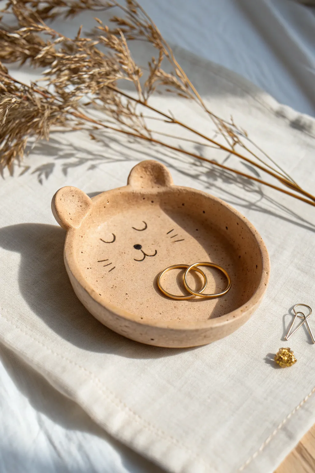Sleepy bear ears trinket plate in warm beige, holding rings and a hairpin with cozy minimal charm.