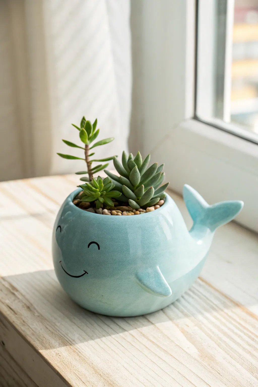 Sweet whale hug pot in ocean blue, holding a tiny air plant for a cozy minimalist look