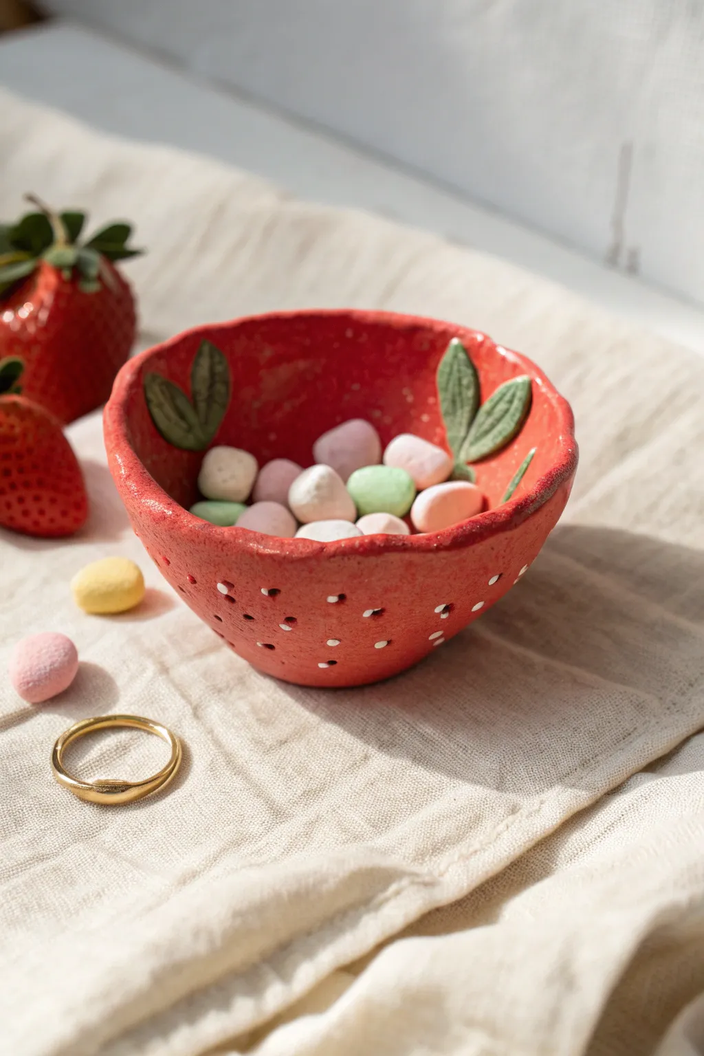Sweet strawberry pinch pot bowl for tiny treats or rings, styled on a minimalist linen backdrop.