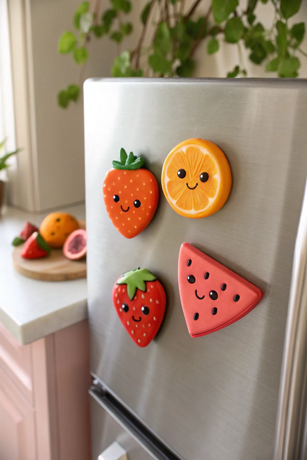 Sweet fruit magnets with tiny faces in bright clay colors, styled minimal on brushed metal.