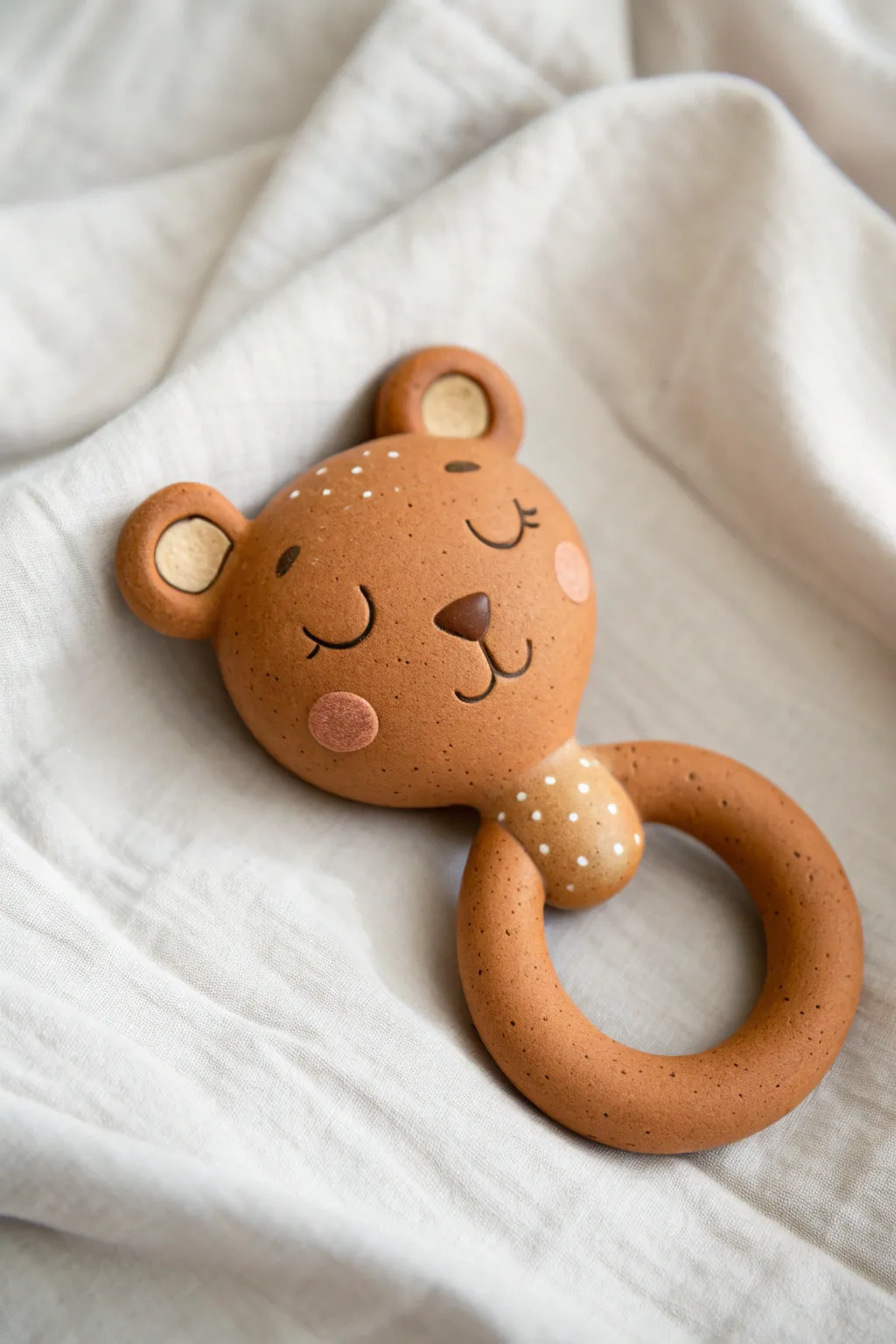 Sleepy bear cub clay rattle in warm earthy tones, minimalist and extra cuddly for nurseries