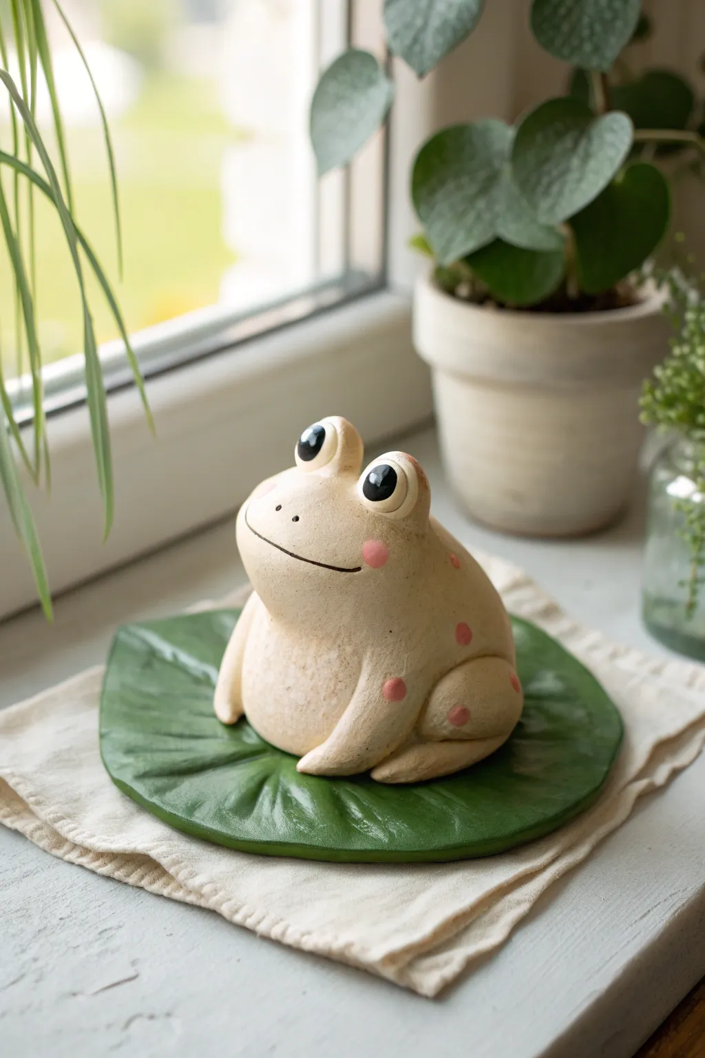 Wide-eyed kawaii frog on a lily pad, a simple cute clay sculpture idea with soft minimal charm