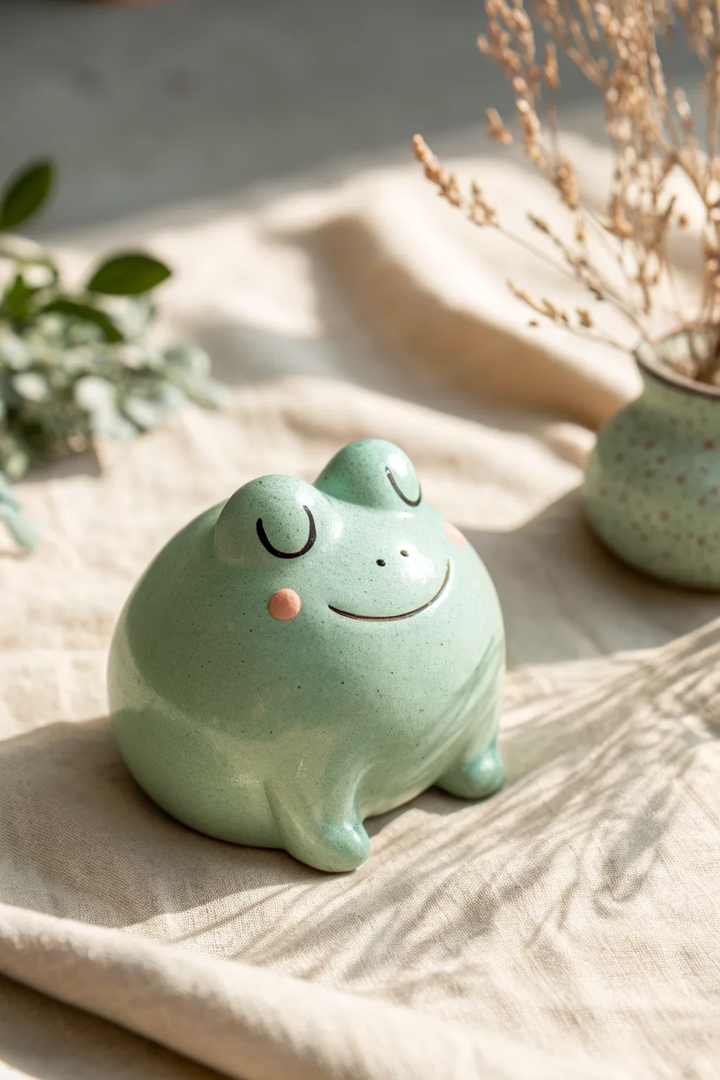 Mint-green happy frog with wide-set eyes, rosy cheeks, and clean minimalist styling