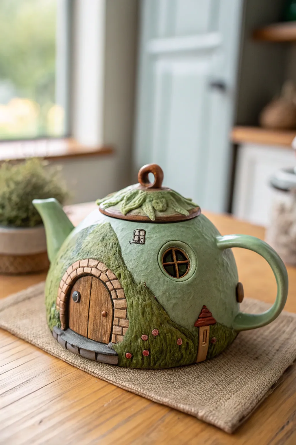 Hobbit Hole Hill teapot: a cozy grassy mound with a sweet round door and pebble path details
