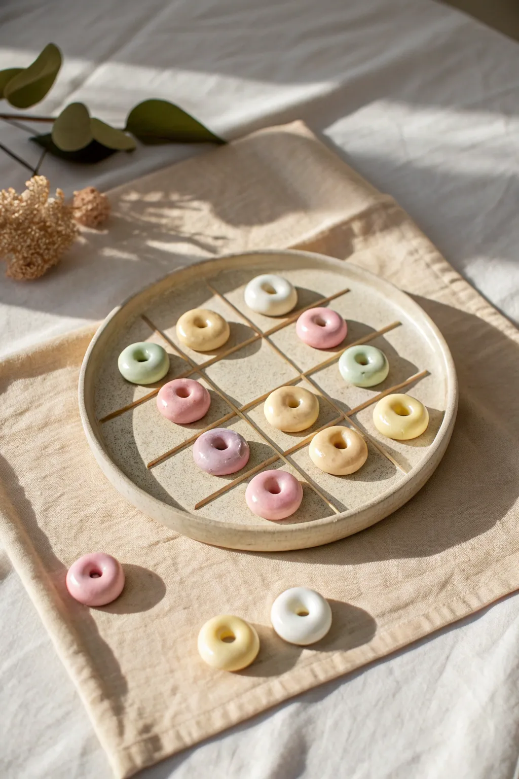 Donut clay tic tac toe board with sprinkle tokens vs glossy glaze drops in sweet pastels.