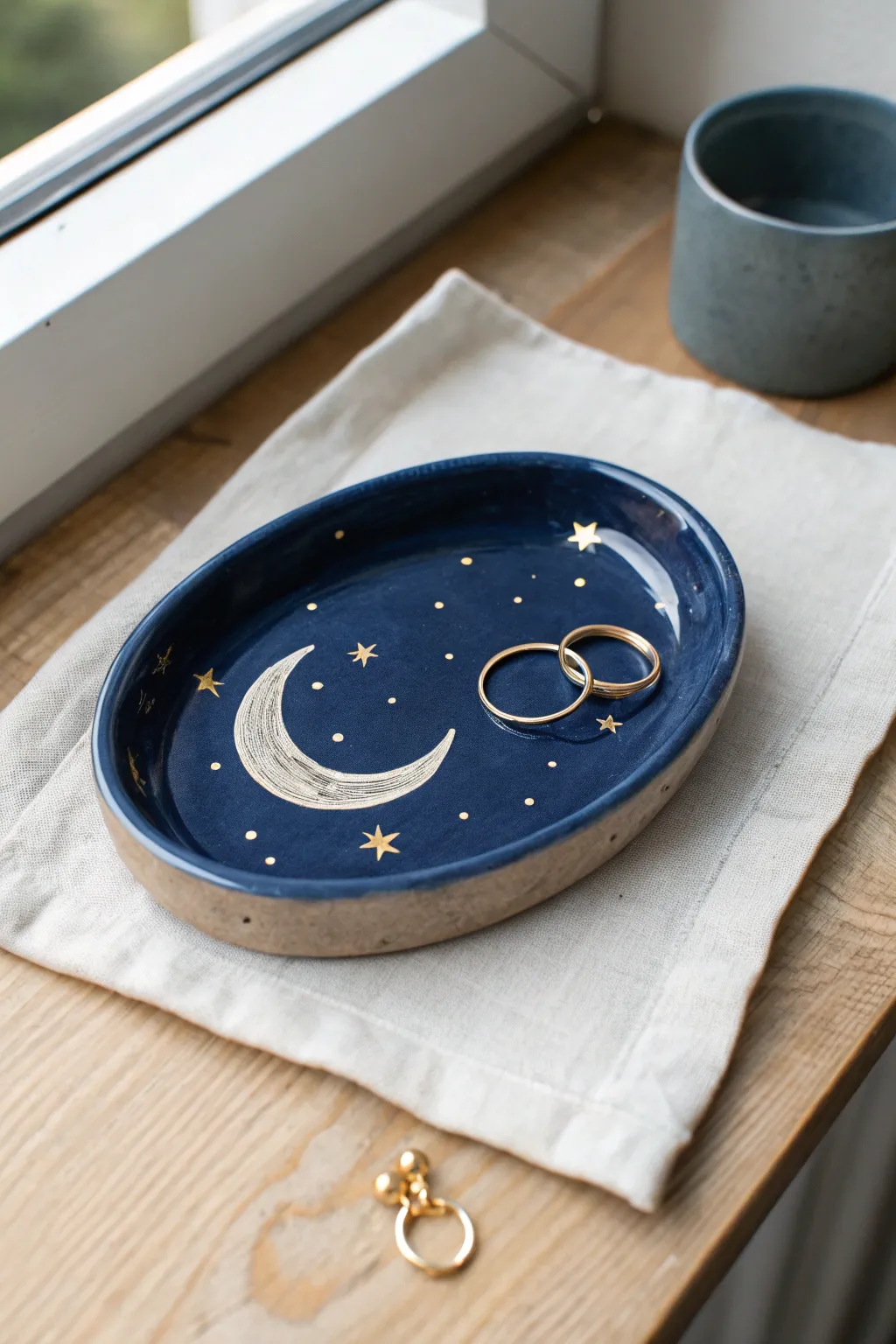 Midnight blue moon-and-stars clay tray for rings and studs, a cozy celestial bedside accent.