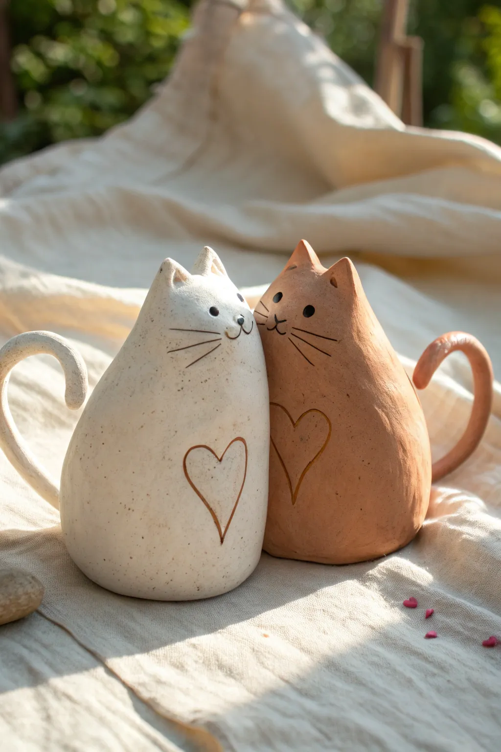 Two sweet clay cats cuddled close, their curved tails forming a heart in soft matte tones.