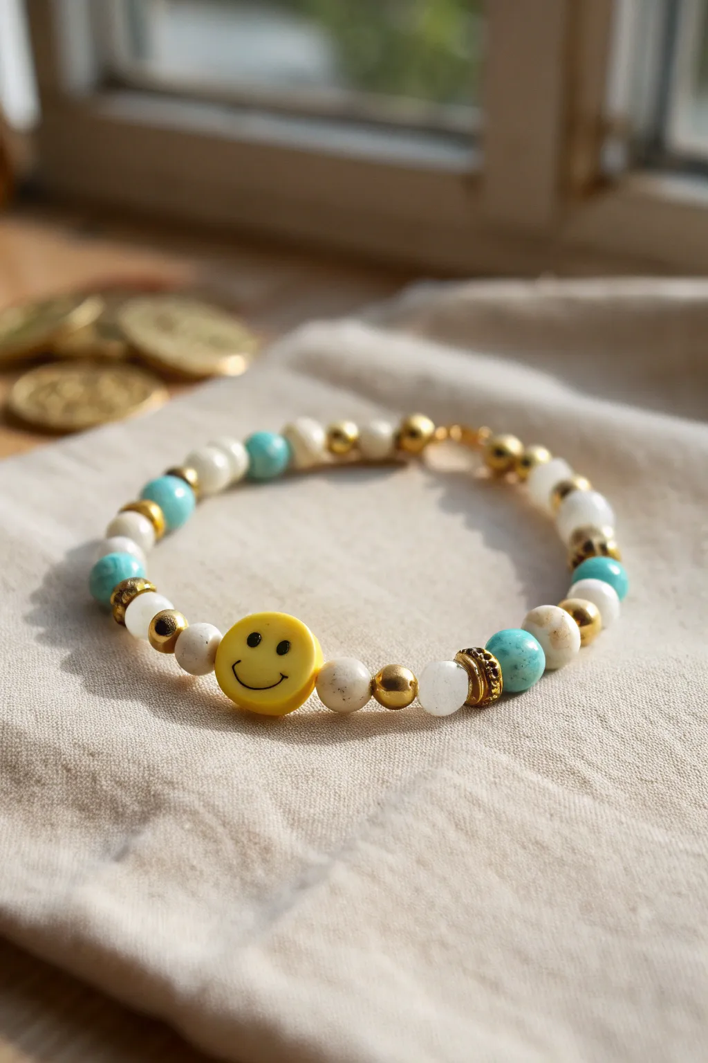 Smiley center charm bracelet with bright clay discs in yellow, white, and aqua tones