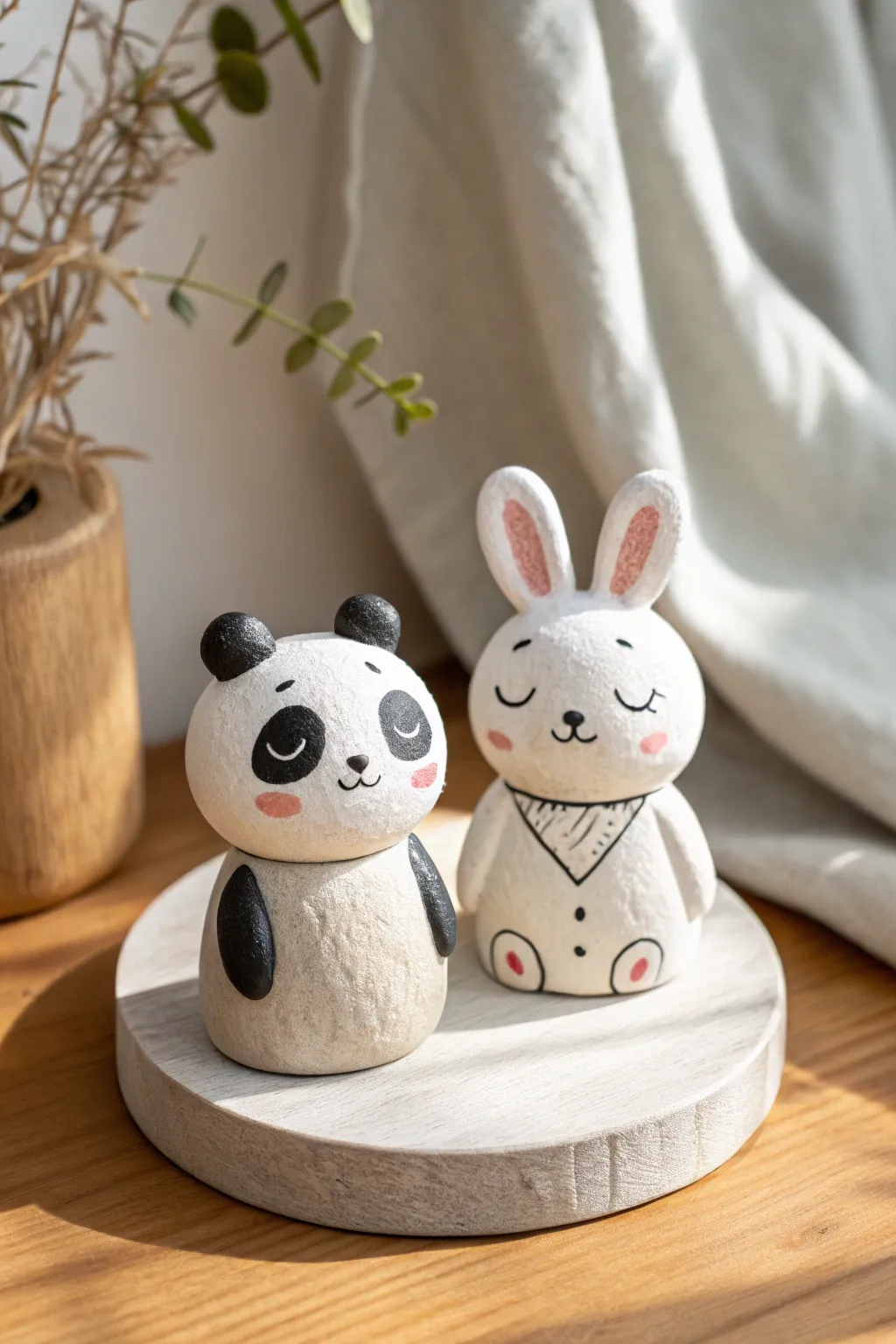 Mini panda and bunny clay buddies for a sweet at-home date night craft and display.
