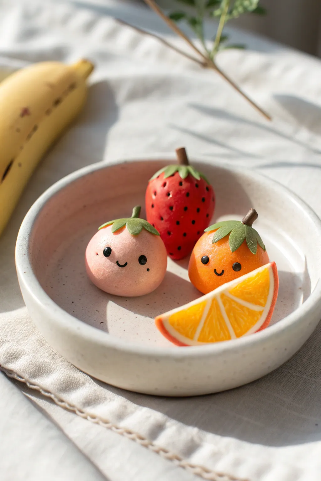 Happy little clay fruit with tiny faces, bright minimalist styling and a cozy handmade feel