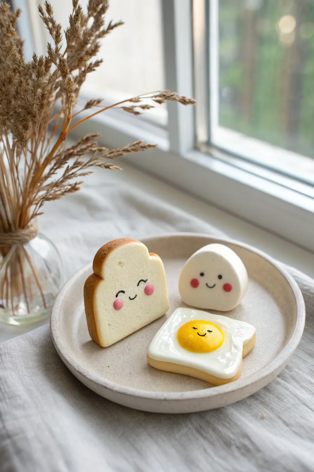 Cute polymer clay toast and egg breakfast buddies, minimalist and cozy decor with a handmade feel.