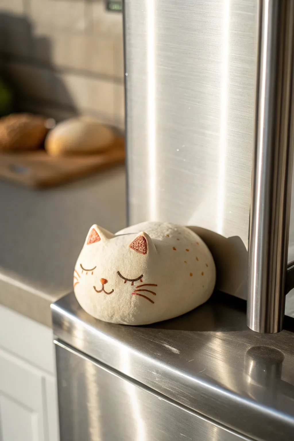 Sleepy cat loaf magnet in soft neutral tones, a beginner friendly clay project for any kitchen.