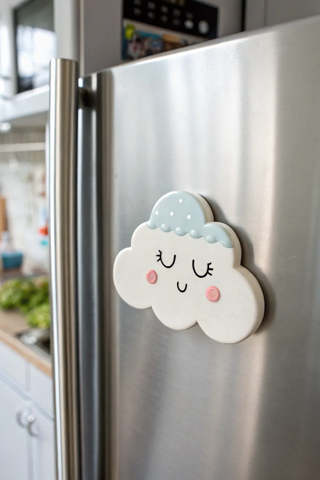 Sweet cloud face clay magnet with rosy cheeks on a sleek metal fridge, minimal and cozy.