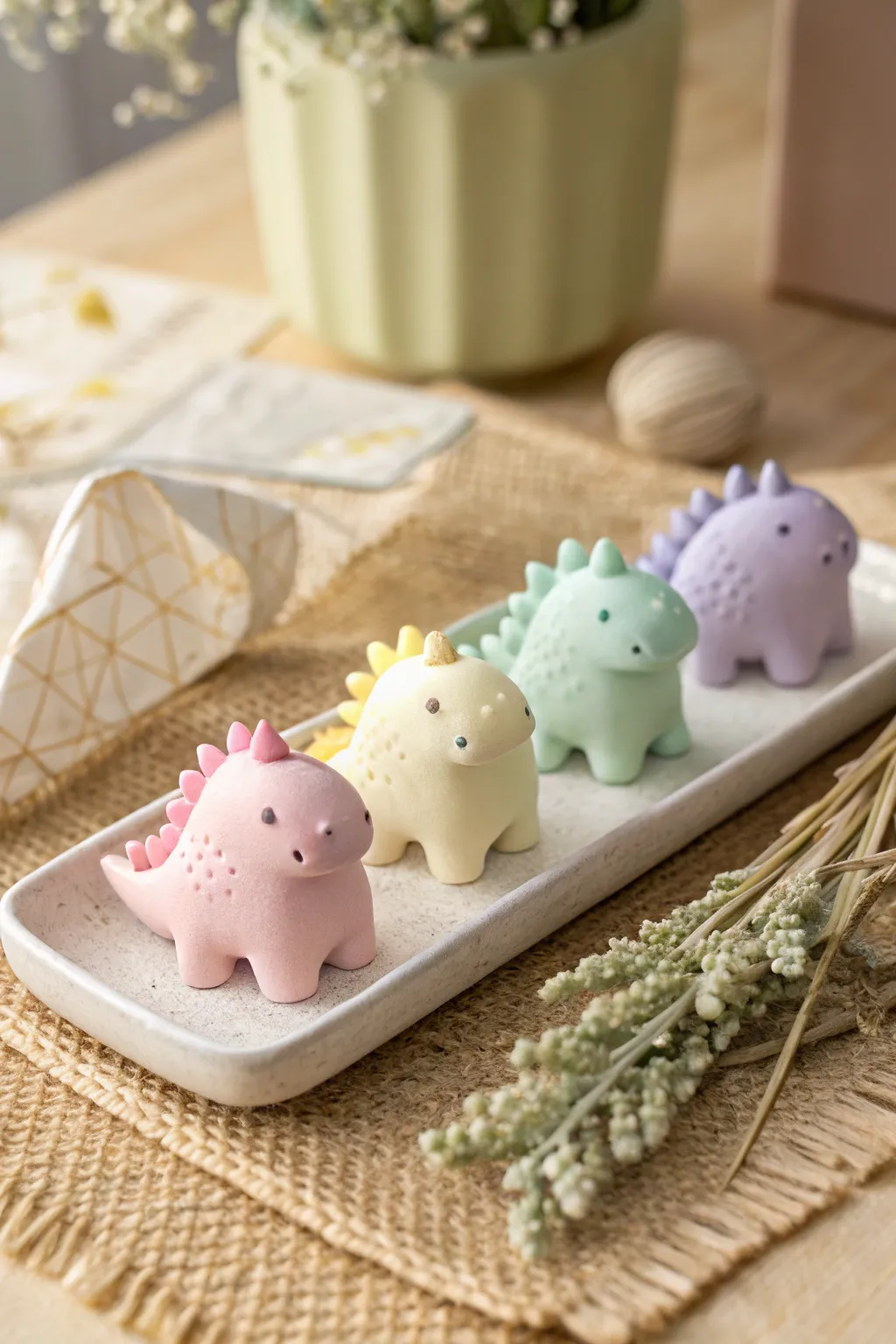 Pastel dinosaur nuggets: chubby clay minis that are quick to shape and adorable lined up.