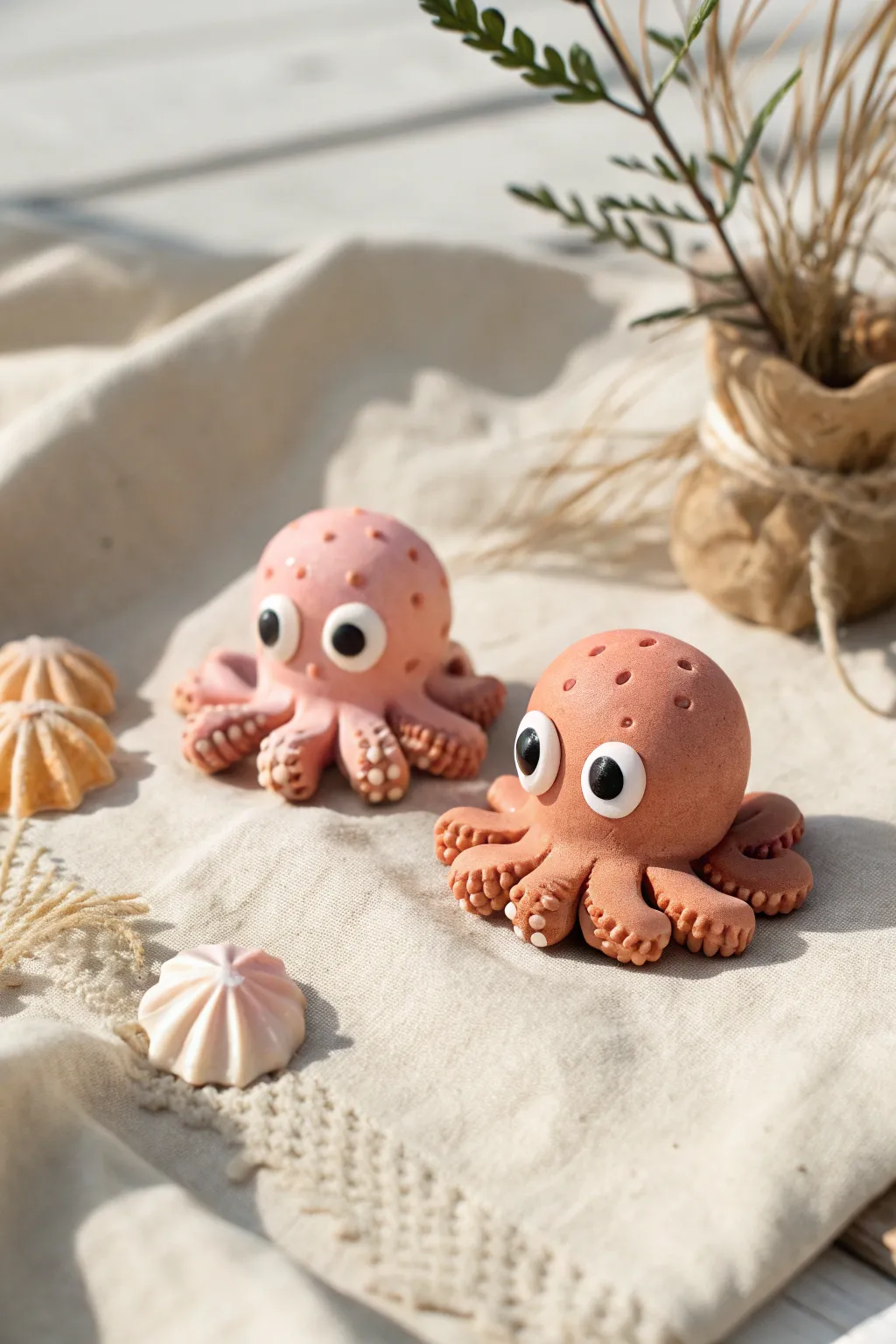 Pocket-size octopus couple in clay: easy mini shapes, chunky curled tentacles, sweet simple eyes.