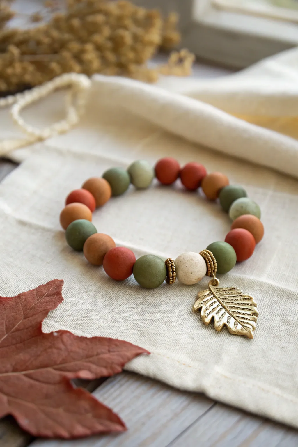 Olive, rust, and cream clay bead bracelet with a leaf charm for an easy fall look
