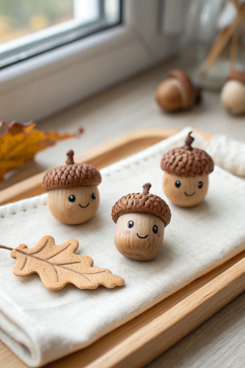 Tiny acorn buddy charms in warm fall tones, minimal and sweet for your next clay project