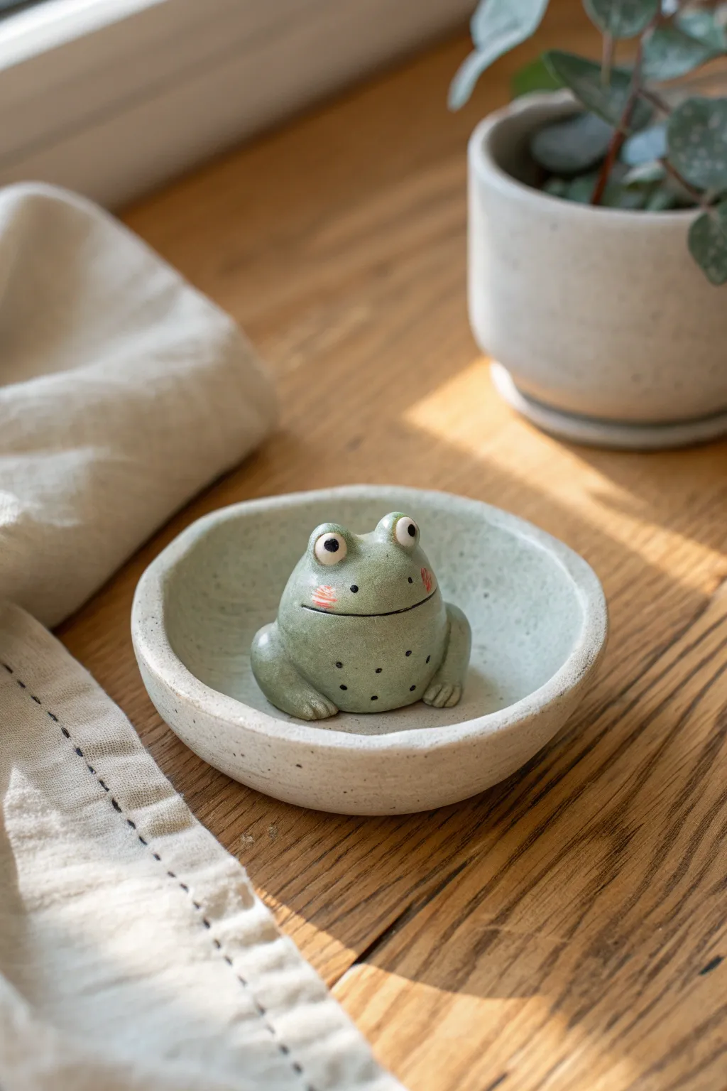 A tiny pebble-smooth frog worry charm in a small dish, minimalist and soothing for pockets.