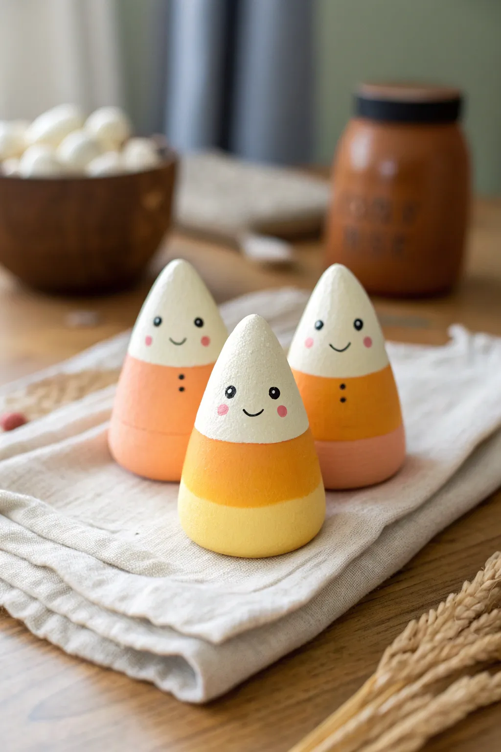 Adorable candy corn clay trio with tiny faces, perfect minimalist Halloween decor in sweet pastels.