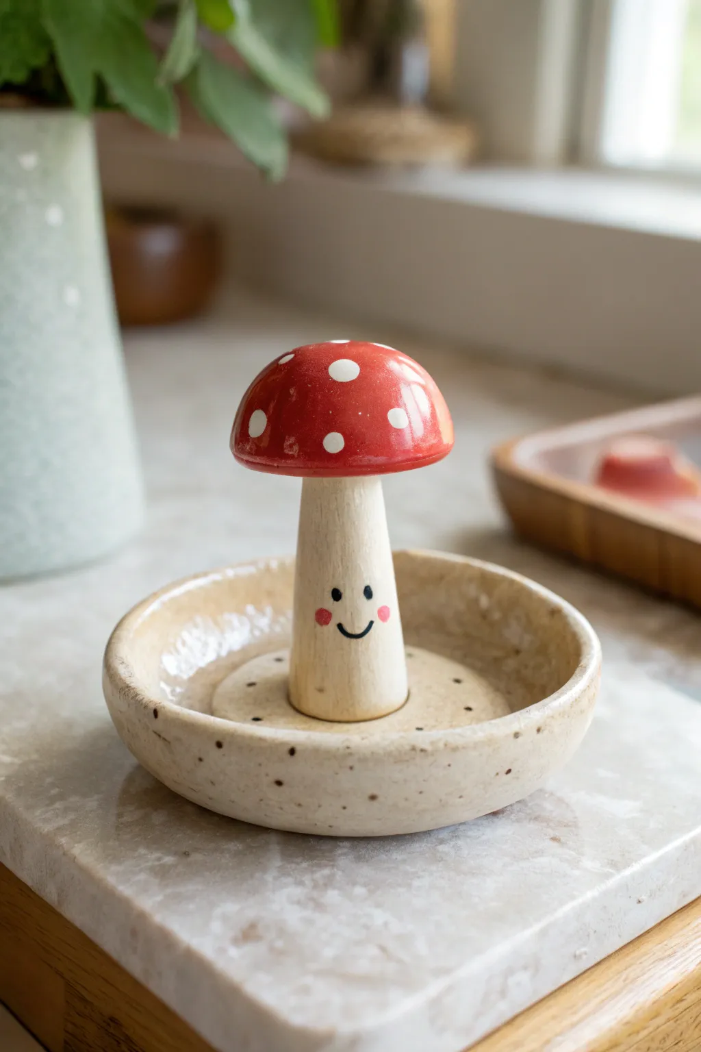 A sweet mushroom ring holder buddy in warm tones, perfect for keeping rings cozy and cute.