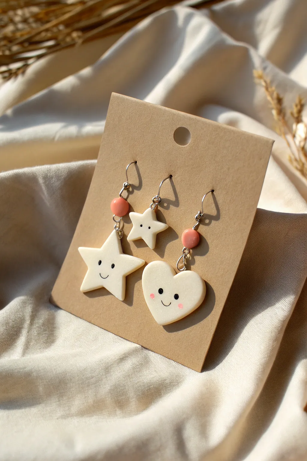 Chunky polymer clay heart and star earrings with tiny faces, styled on a neutral card.