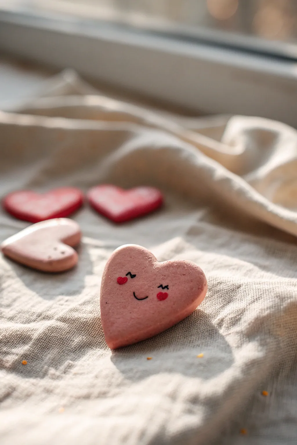 Blushing clay heart pocket token with tiny eyes, the sweetest little worry-stone charm.