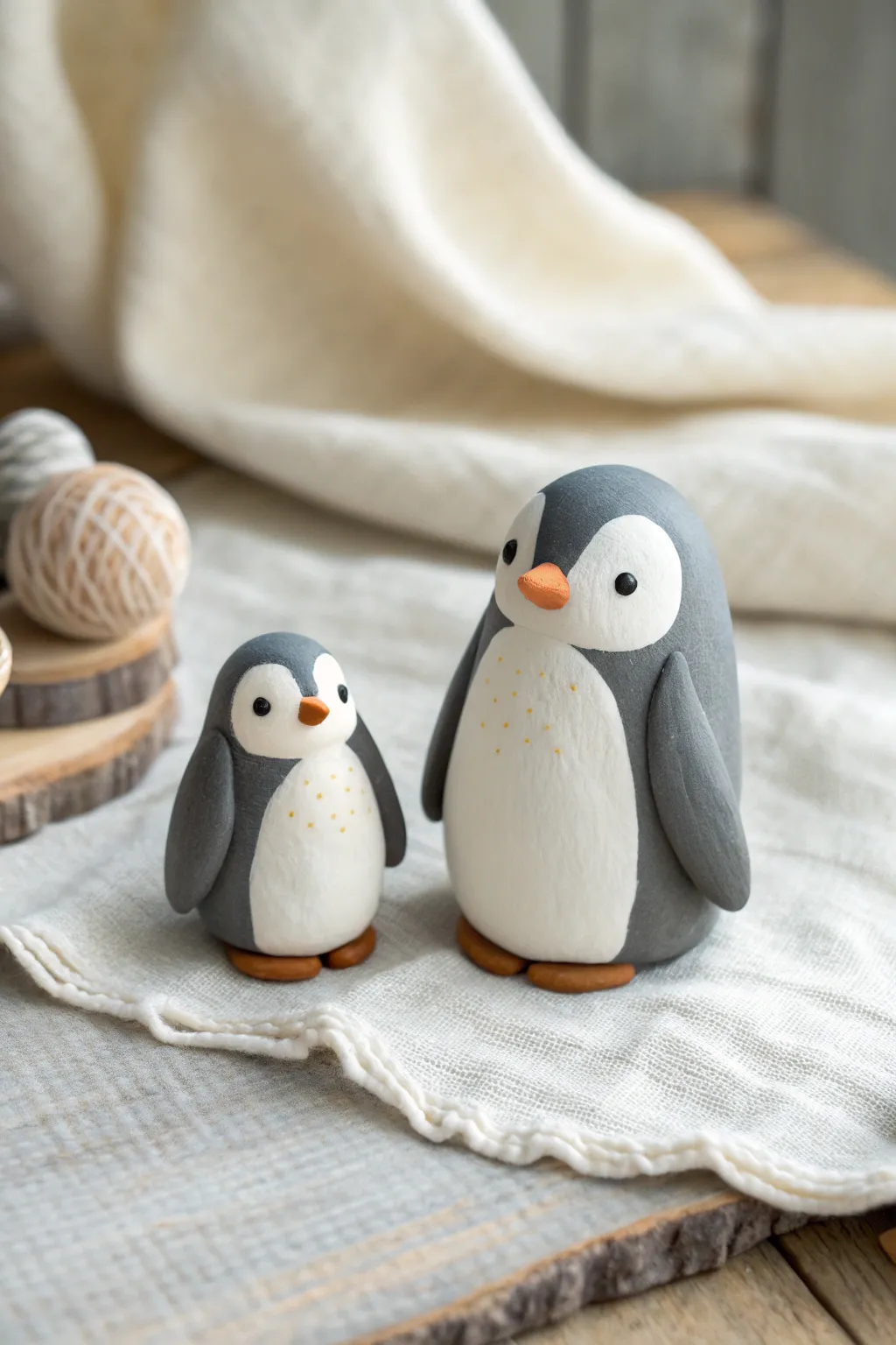 A sweet baby penguin pair in matte clay, minimalist and cozy with soft Scandinavian charm.