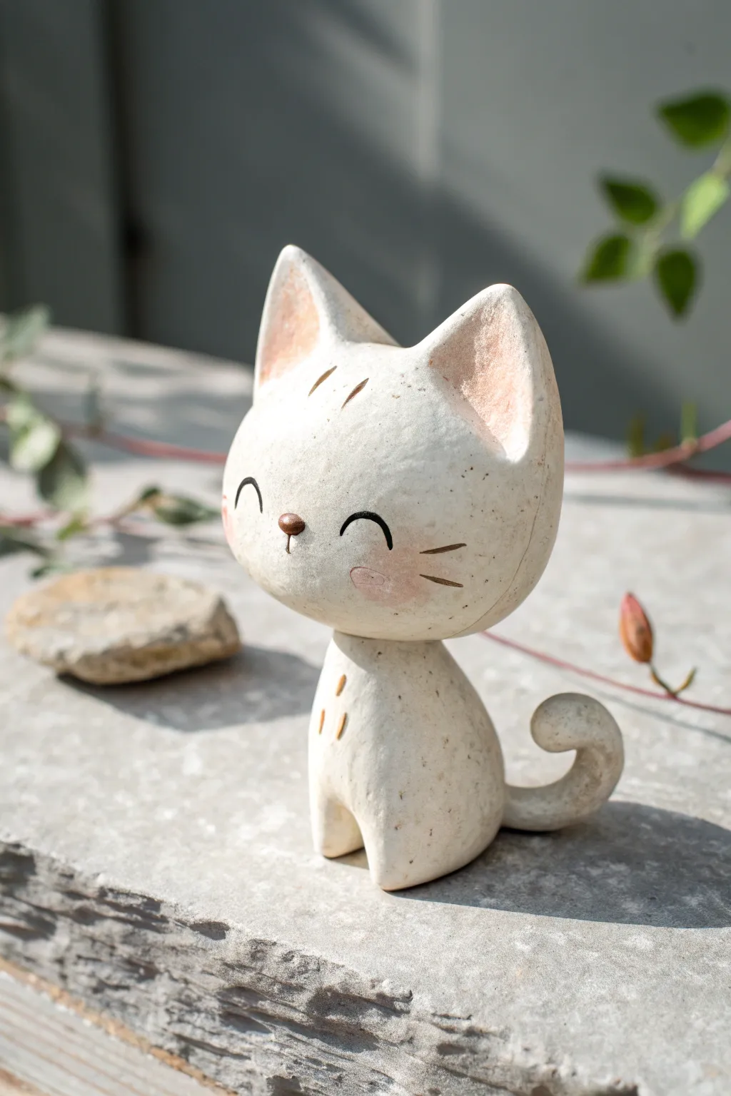 Create this sweet chibi cat clay figurine with an oversized head and simple minimalist details.