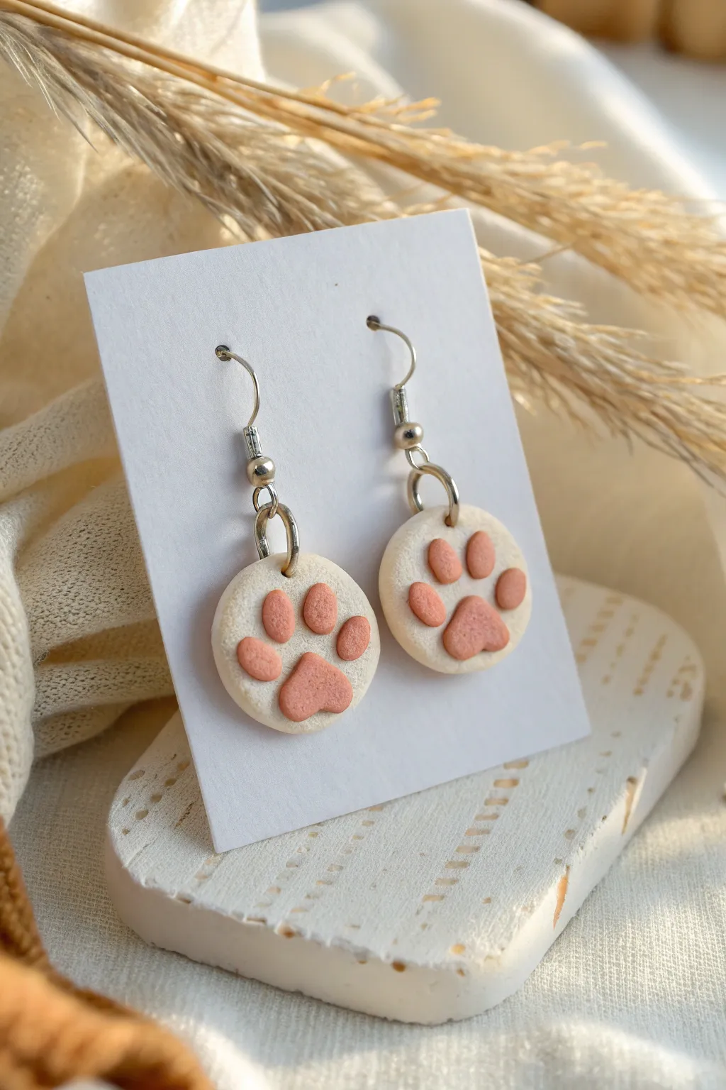 Mini cat paw oven-bake clay earrings with toe beans, styled on a clean card in soft light.