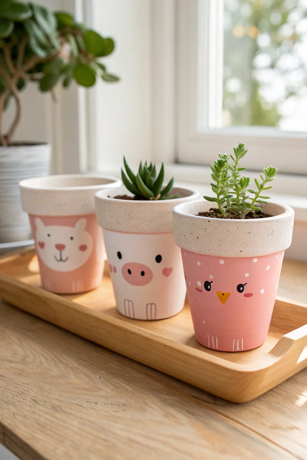 Pig, cow, and chick mini pots in a matching dot eye style for a cute farm themed set.