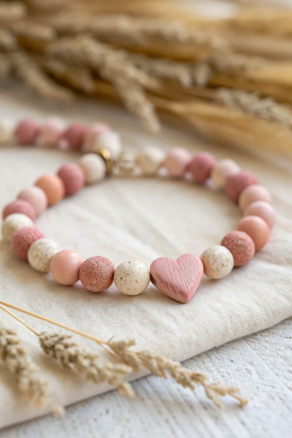 Soft pink clay bead bracelet with a tiny heart center, minimalist and handcrafted