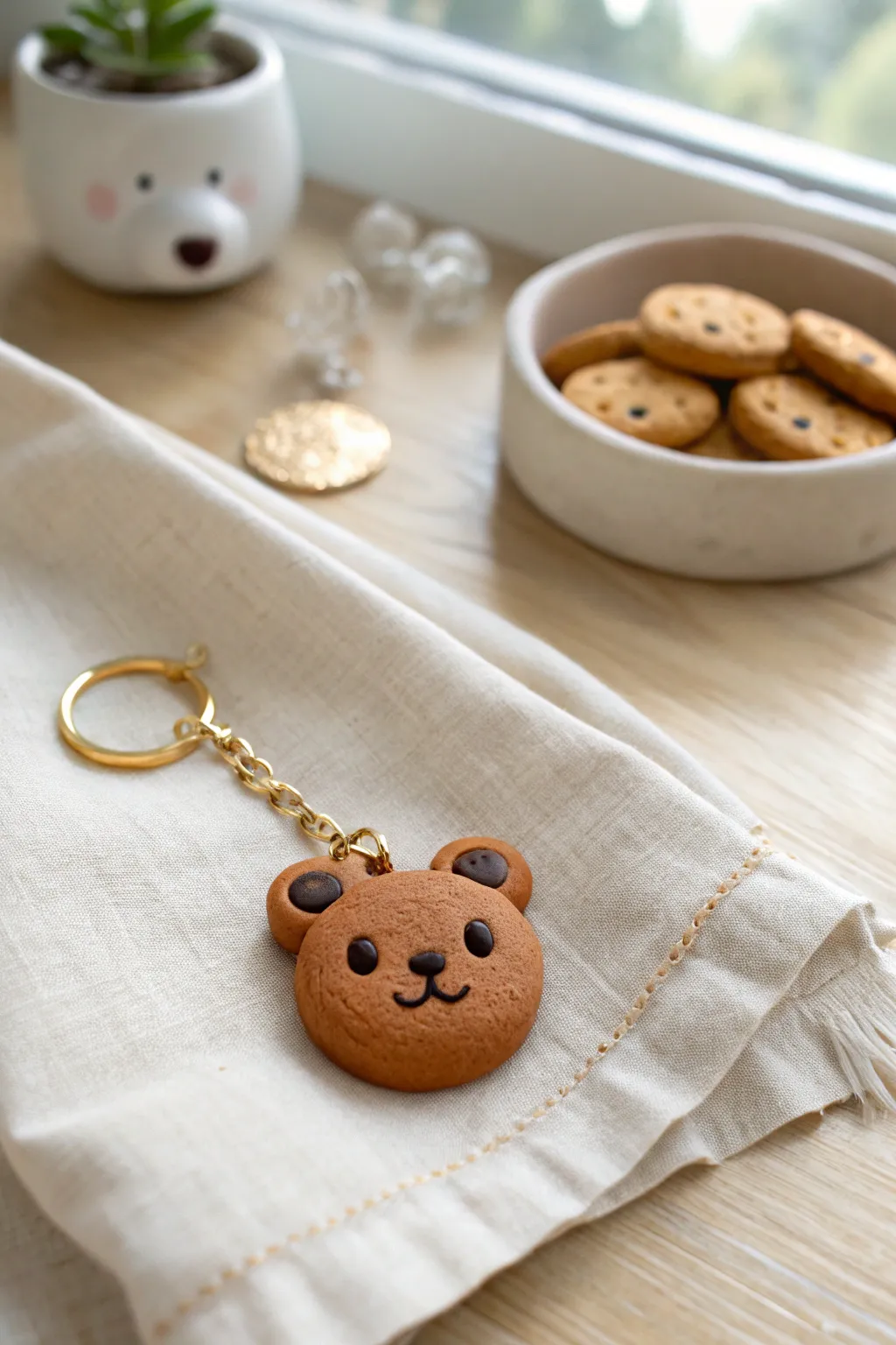 Sweet bear face polymer clay keychain charm in cozy neutral tones, minimalist boho vibe