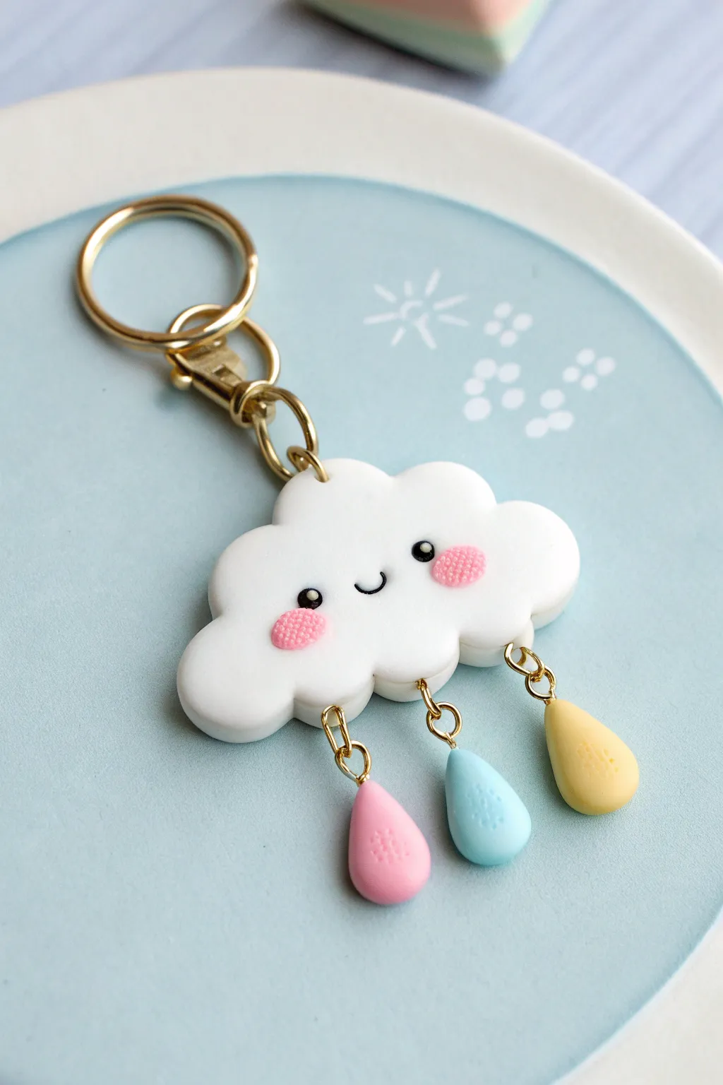 Smiling cloud keychain with pastel rainbow drops, a sweet minimalist charm for everyday joy