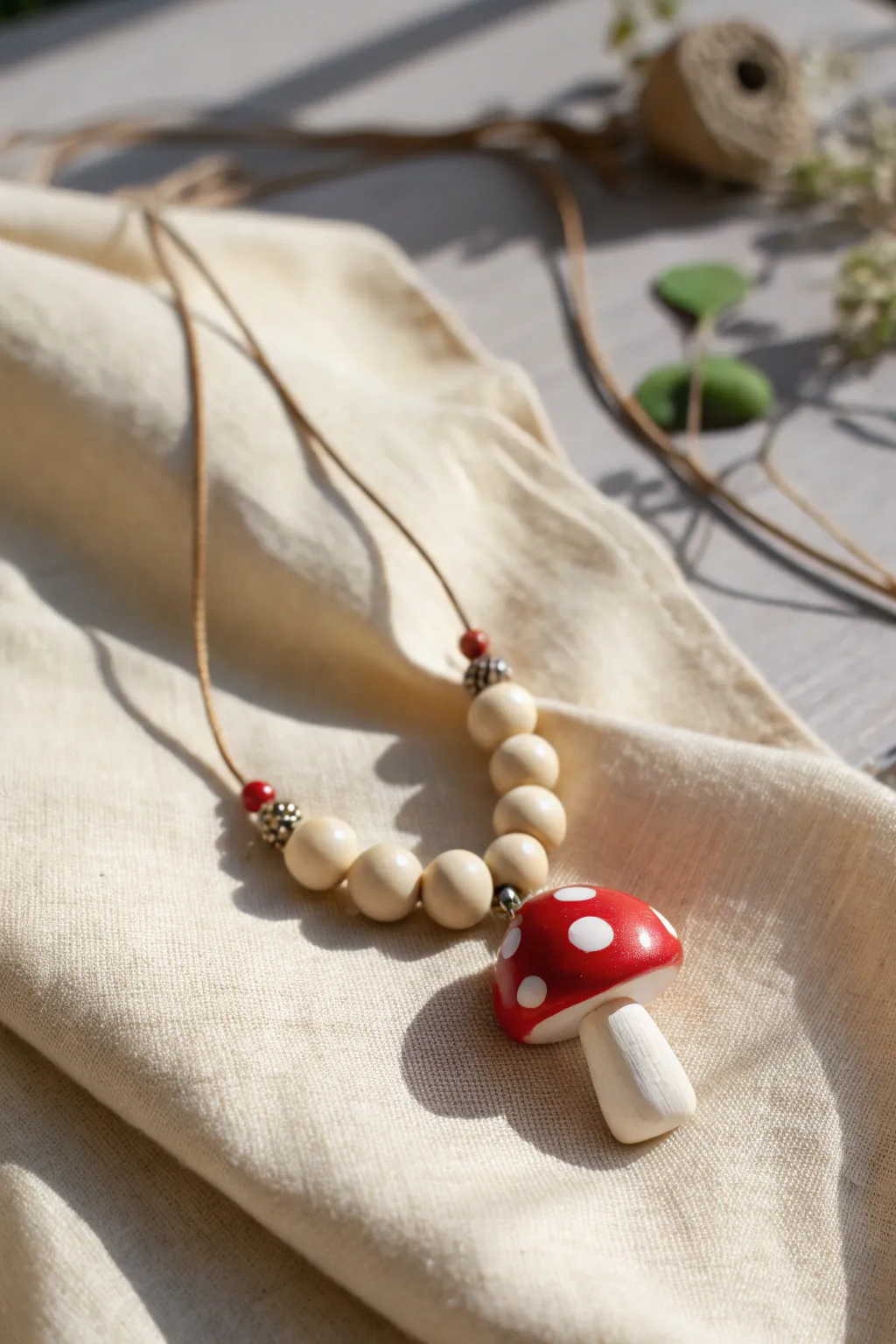 Tiny red mushroom charm necklace with simple clay beads, cozy cottage styling on linen.