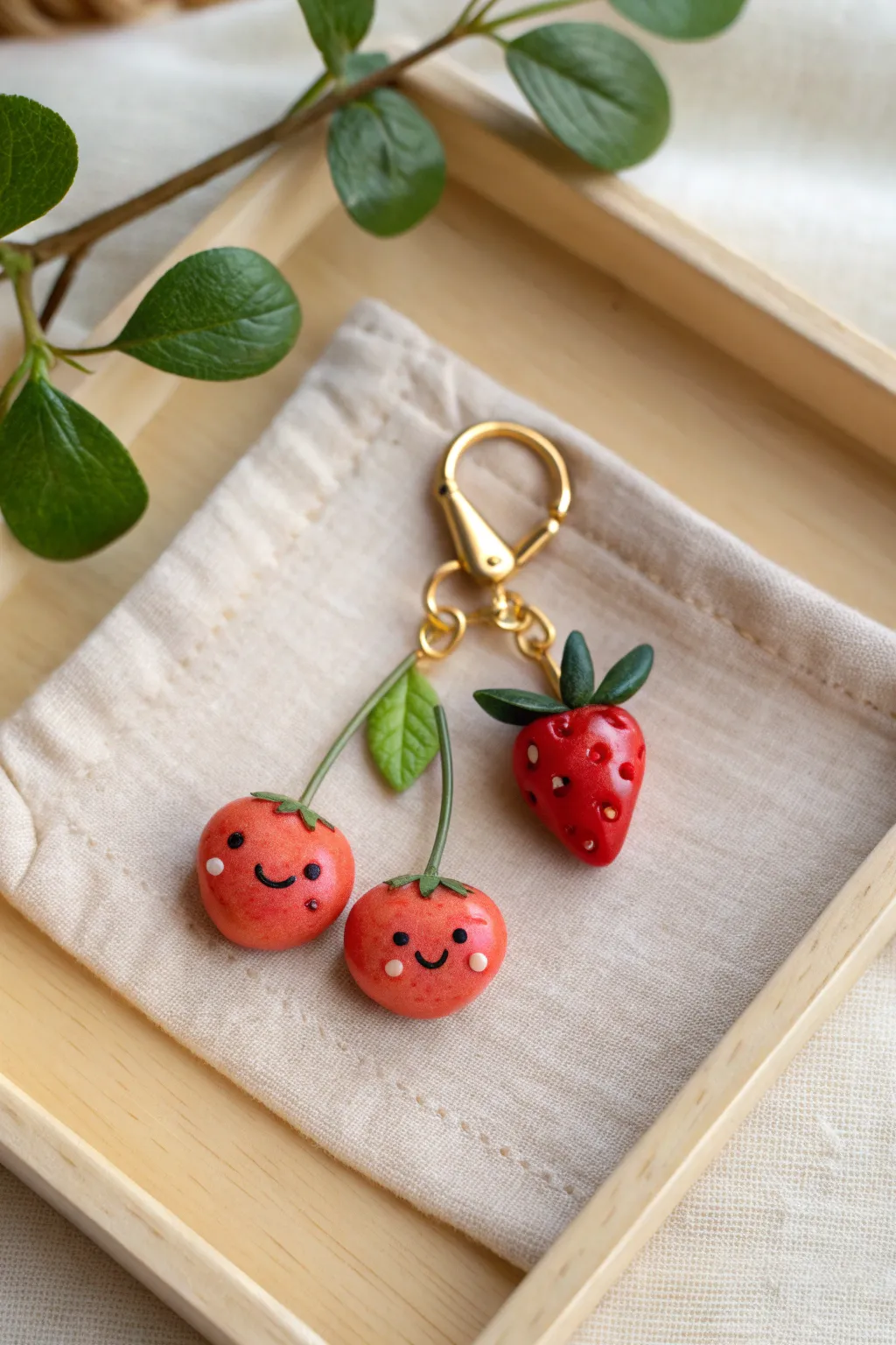 Tiny smiling strawberry and cherry charms with glossy finish, perfect for cute clay projects