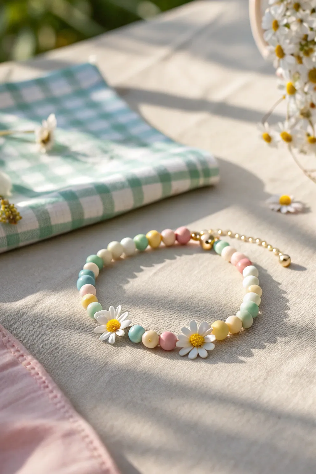 Daisy clay bead bracelet with pastel discs, styled for a sweet backyard picnic mood