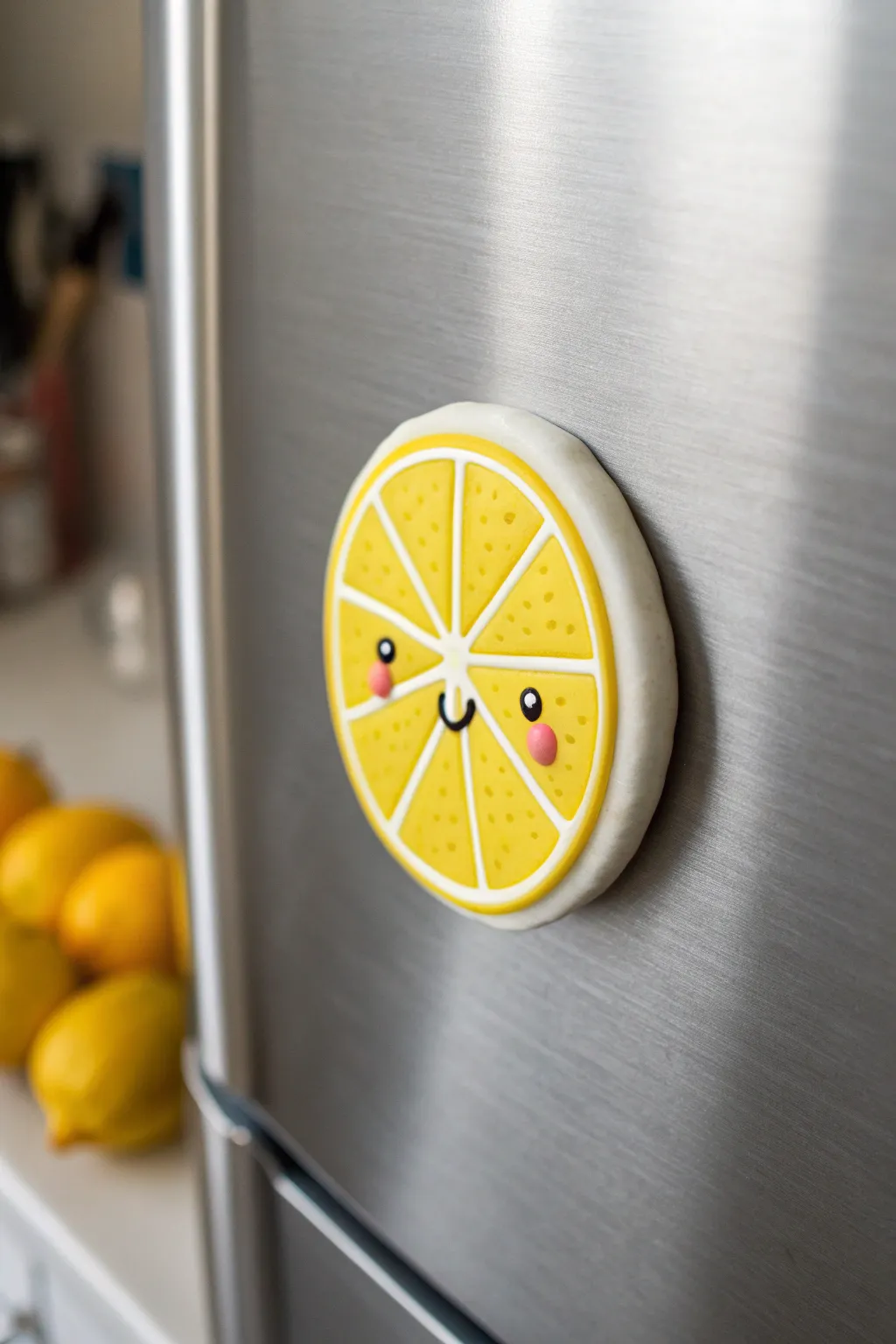 Sunny citrus slice clay magnet with a tiny smile, perfect for cheerful summer décor.