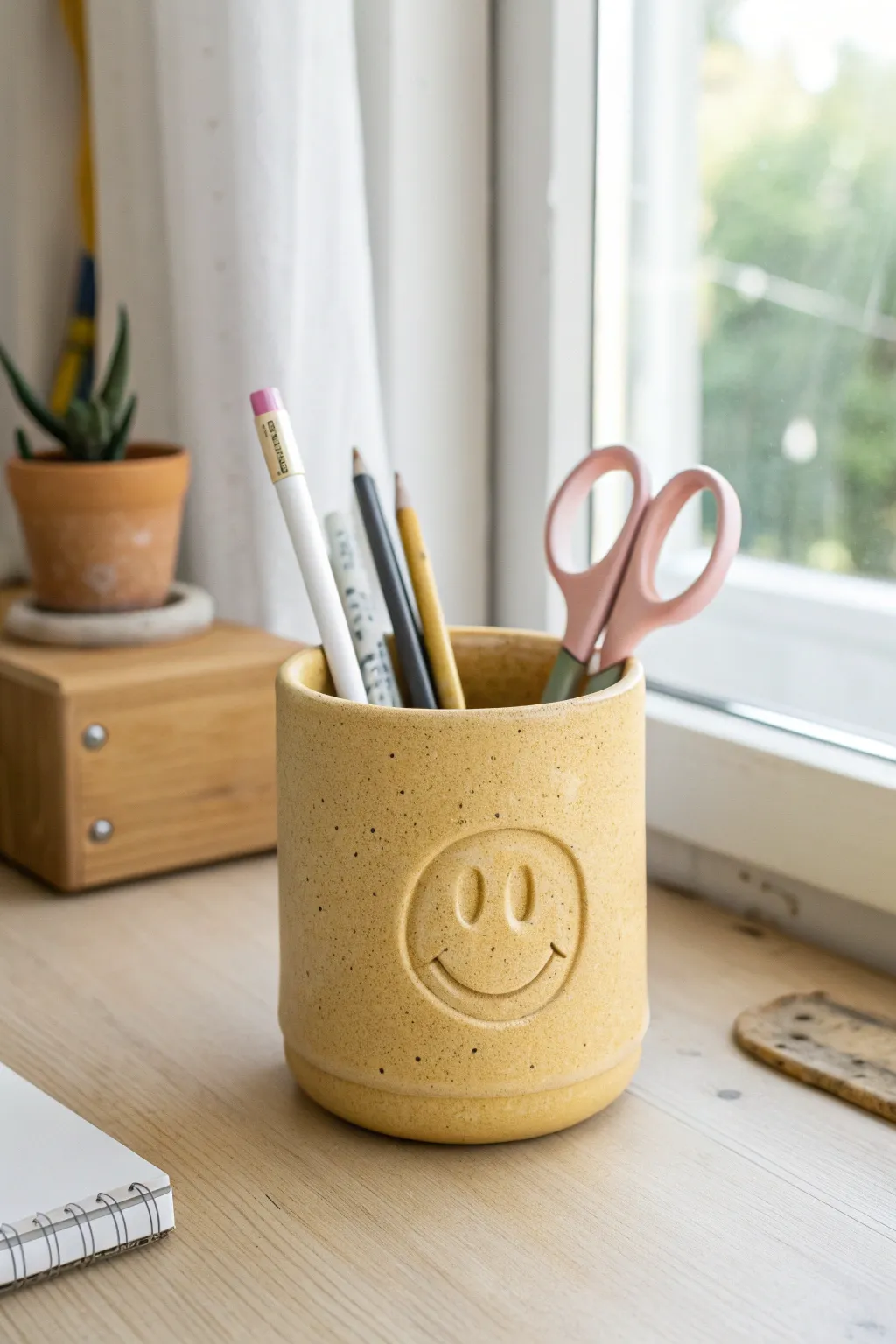 A cheerful handmade smiley pencil cup to brighten your desk, simple, useful, and cute